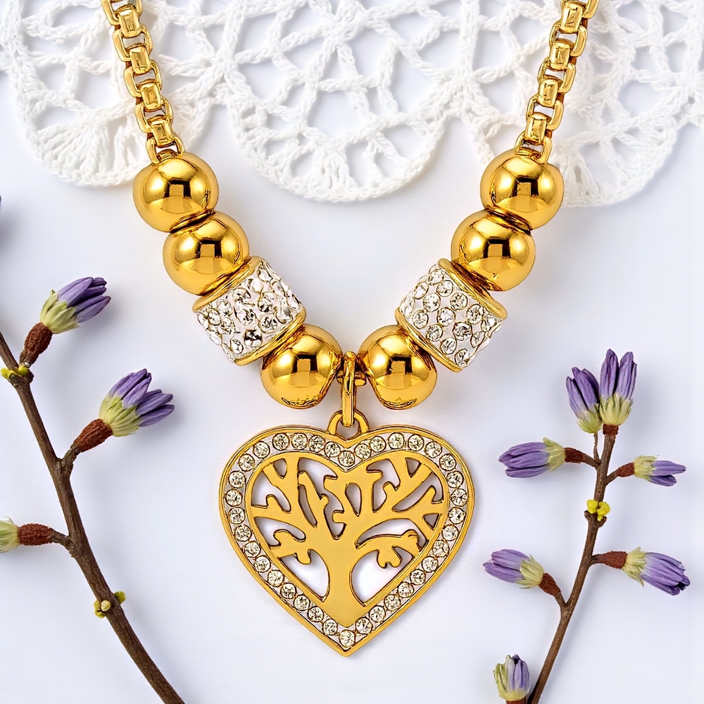 18K Gold-Plated Stainless Steel Elegant Necklace🌳Tree of Life‎ Heart Charm 💖